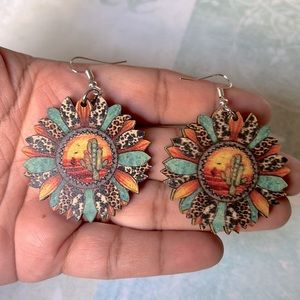 Wooden Sunflower Cactus earrings